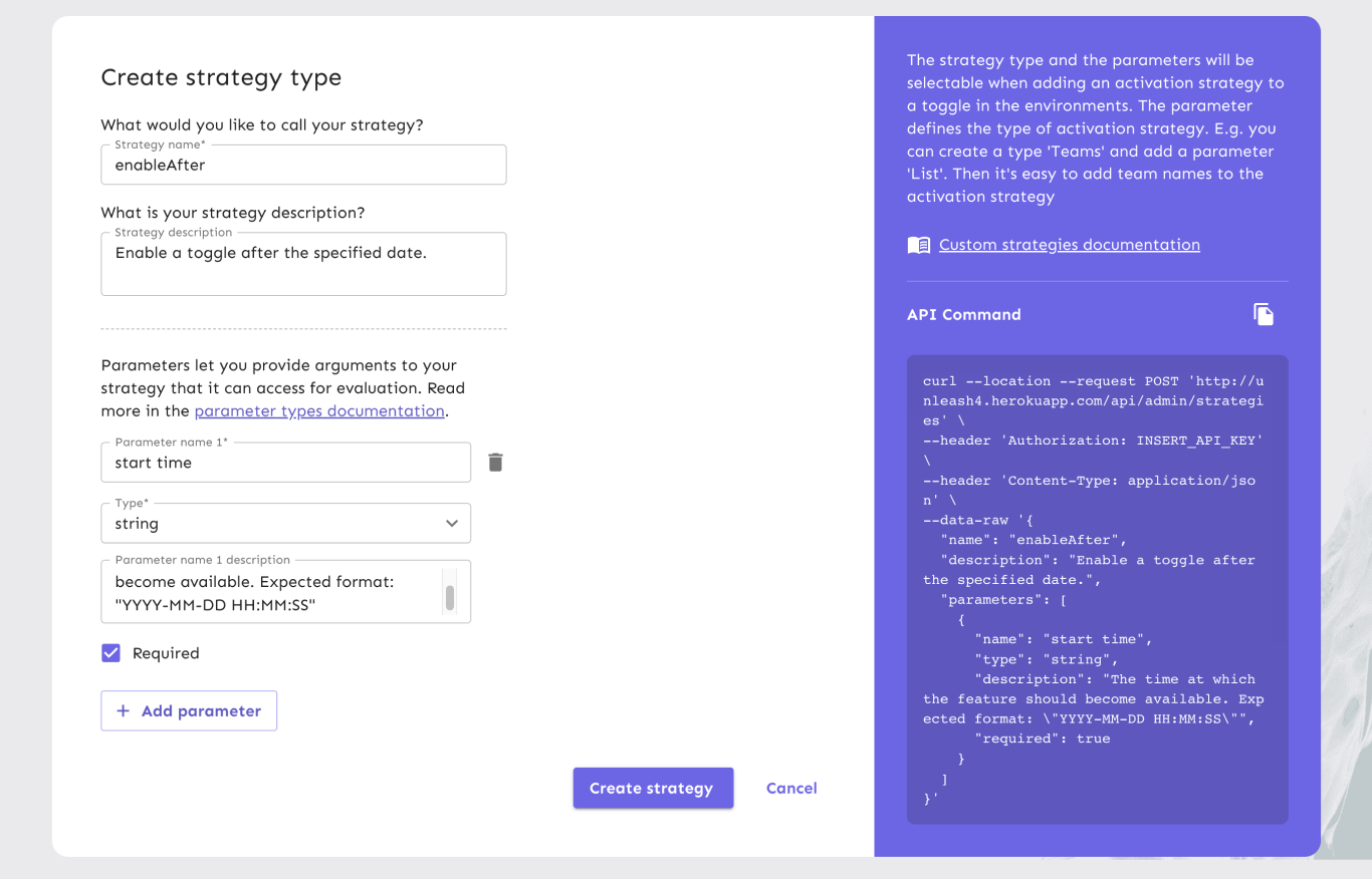 A custom activation strategy definition for a strategy called enableAfter. It takes a required parameter called start time: a string in a date format.