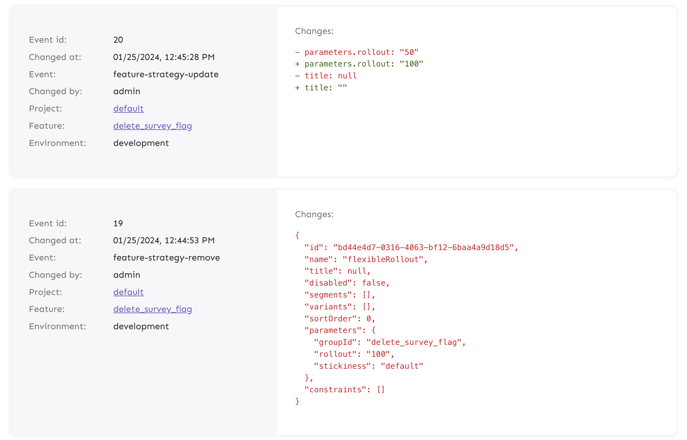 Event Log in Unleash tracks every single change made to flags, similar to Git commit history.